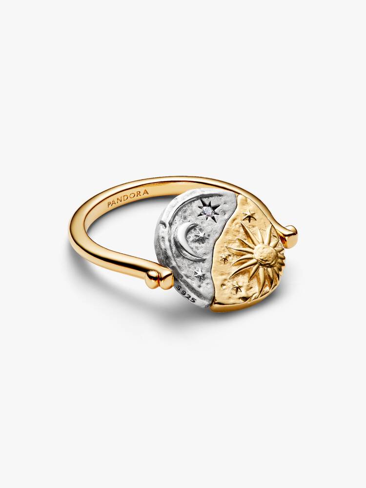 Anello Medallion Sole e Luna "Per Aspera Ad Astra" Reversibile Argento Sterling 925, Esclusiva lega metallica rifinita in Oro