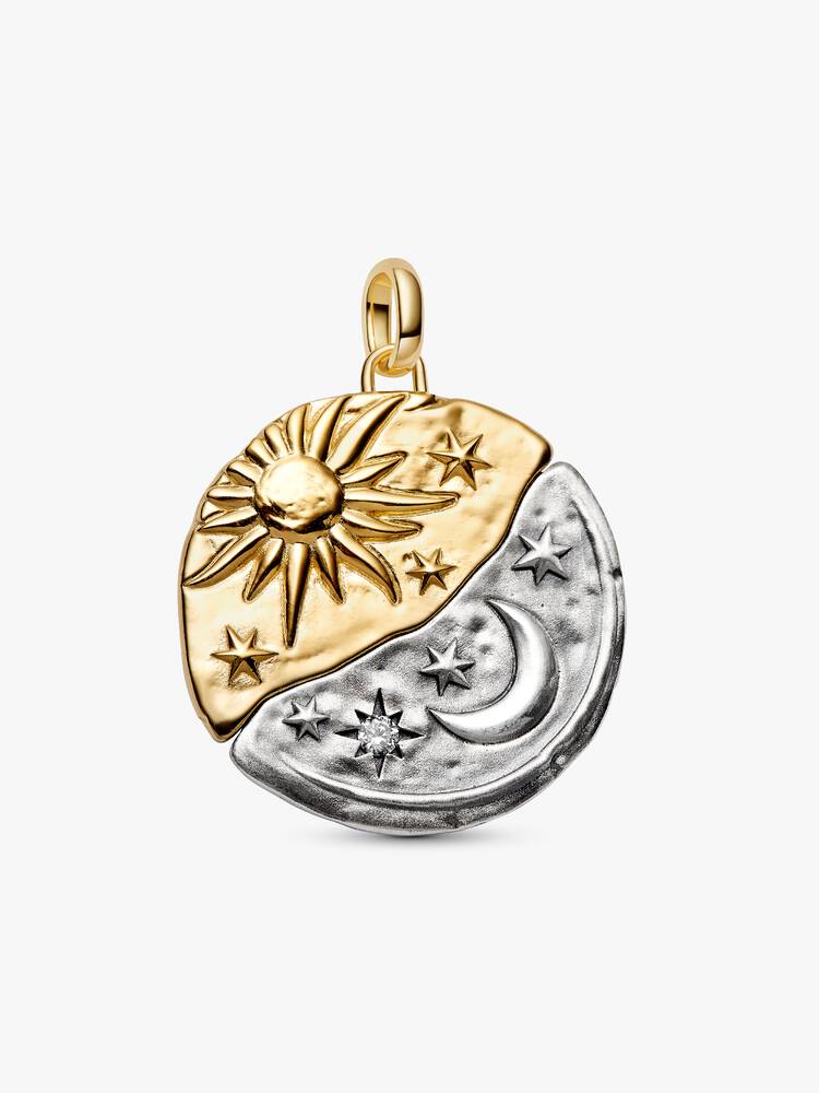 Charm Medallion XL Sole e Luna "Per Aspera Ad Astra" Argento Sterling 925, Esclusiva lega metallica rifinita in Oro