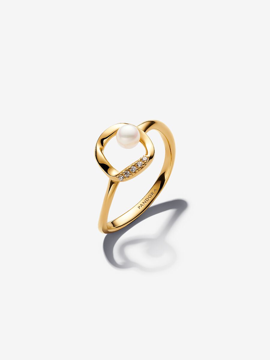 Anello Cerchio Linea Sinuosa con Perla d’Acqua Dolce Coltivata e Pavè Placcatura in Oro 14k - 48 - ANELLO