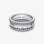 Anello Tripla Fascia con Logo, Pavé e Sfere