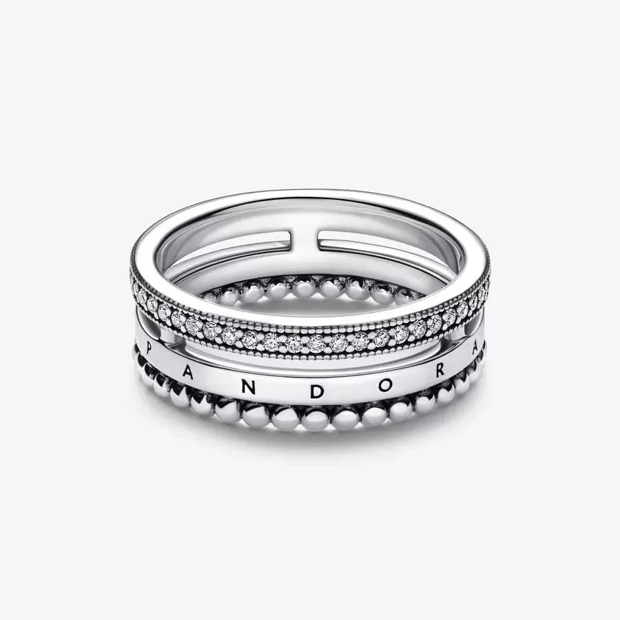 Anello Tripla Fascia con Logo, Pavé e Sfere