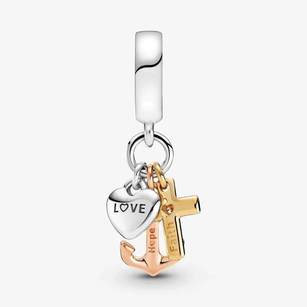 Charm Pendente Croce, Cuore e Ancora