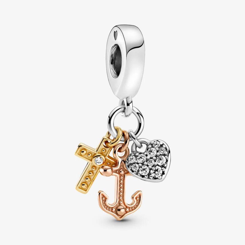 Charm Pendente Croce, Cuore e Ancora