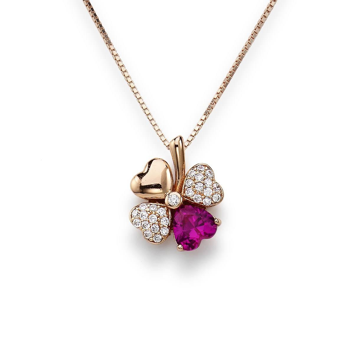 COLLANA QUADRICUORE ROSE' E ZIRCONI BIANCHI E RUBINO