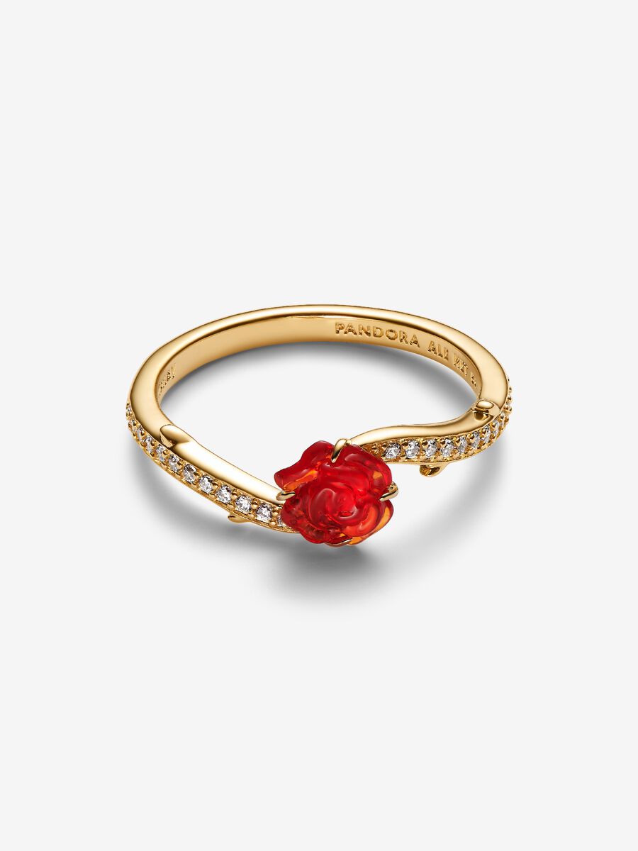 Disney La Bella e La Bestia Anello Rosa Incantata Vetro di Murano Placcatura in Oro 14k - ANELLO