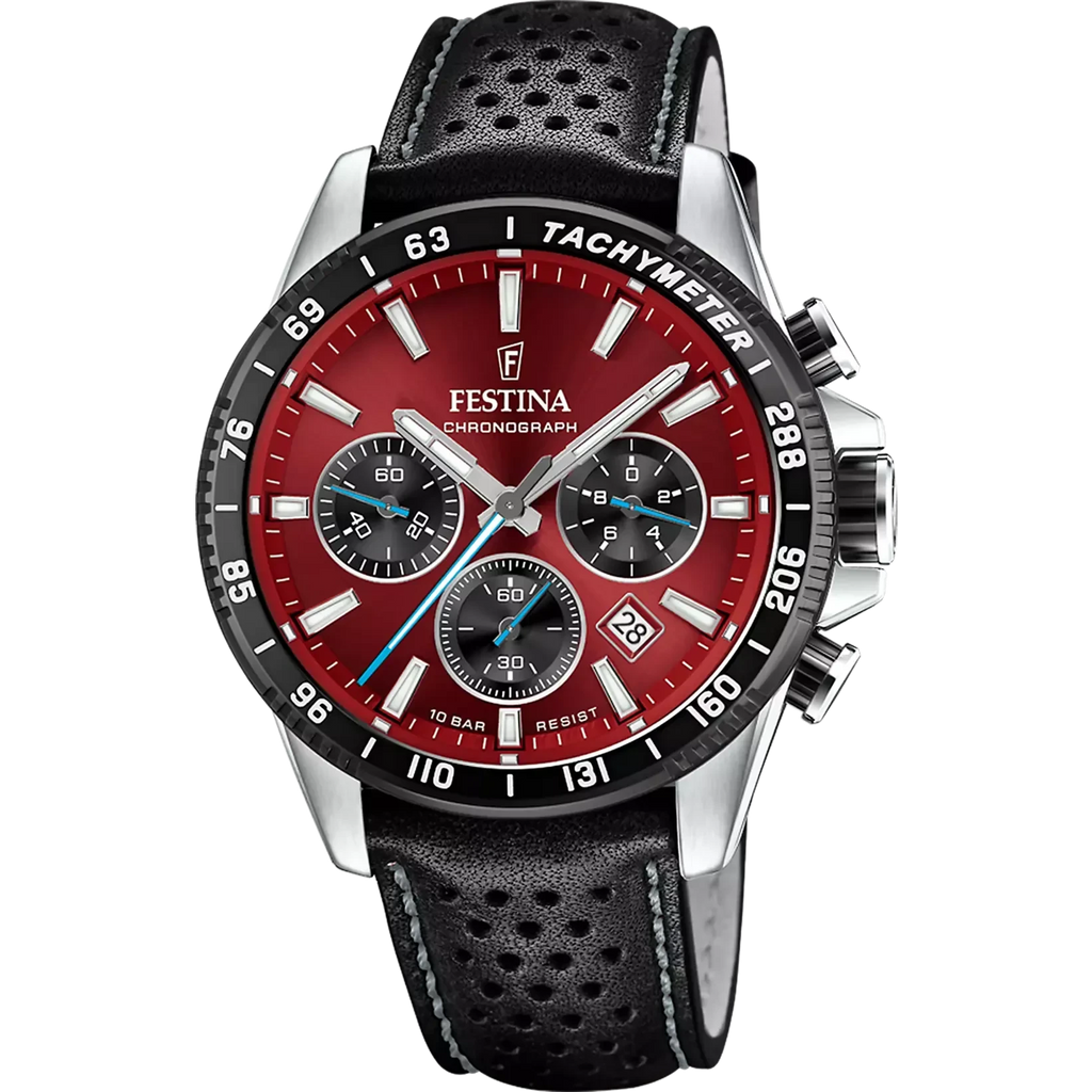Orologio Uomo Festina Timeless Chronograph in Acciaio e Pelle quadrante rosso F20561/7
